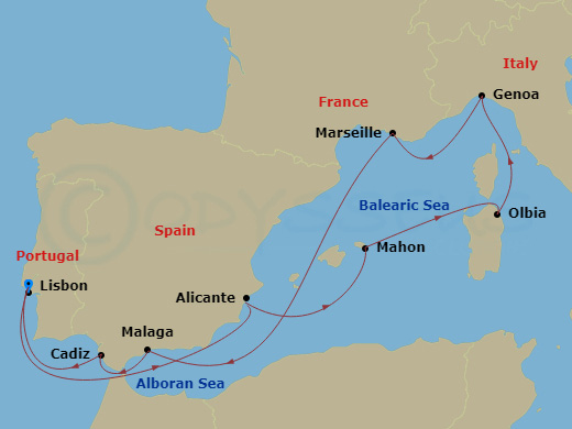 Lisbon (PT) - Alicante (ES) - Mahon (ES) - Olbia (IT) - Genoa (IT) - Marseille (FR) - Malaga (ES) - Cadiz (ES) - Lisbon (PT) Cruise trips from Lisbon start at €120 per night.