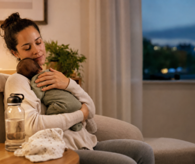 Mother safely feeding her newborn during an evening cluster-feeding session