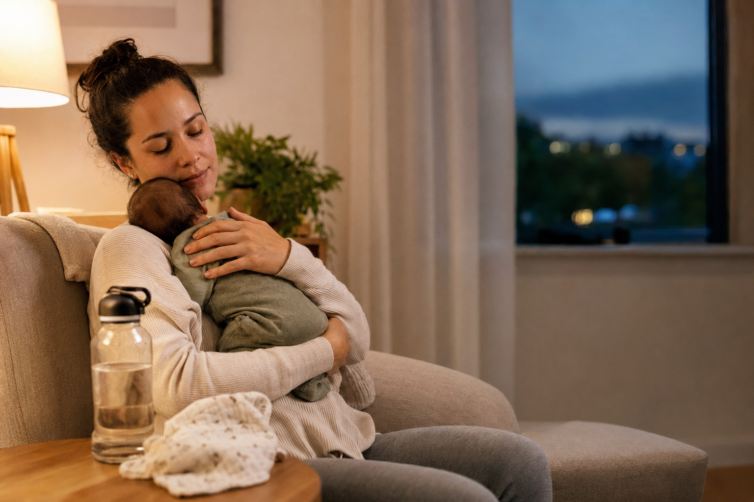 Mother safely feeding her newborn during an evening cluster-feeding session