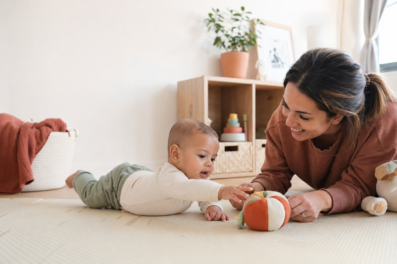 Mother and baby enjoying supervised floor play with age-appropriate toys