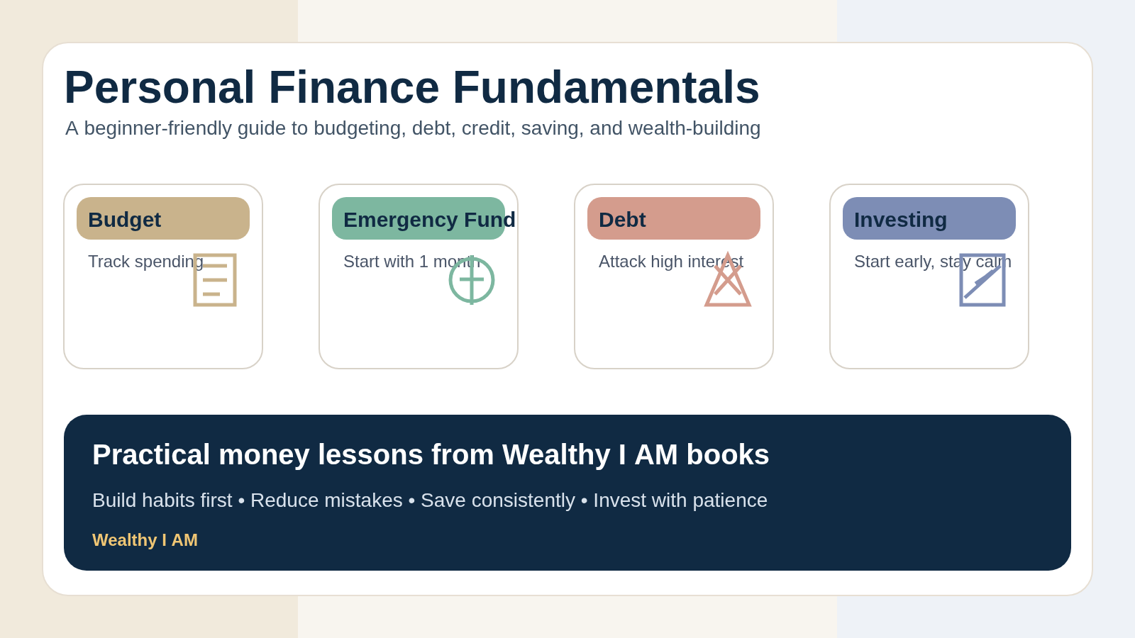 Custom featured image for the Personal Finance Fundamentals guide showing budgeting, saving, debt reduction, credit, investing, and retirement planning