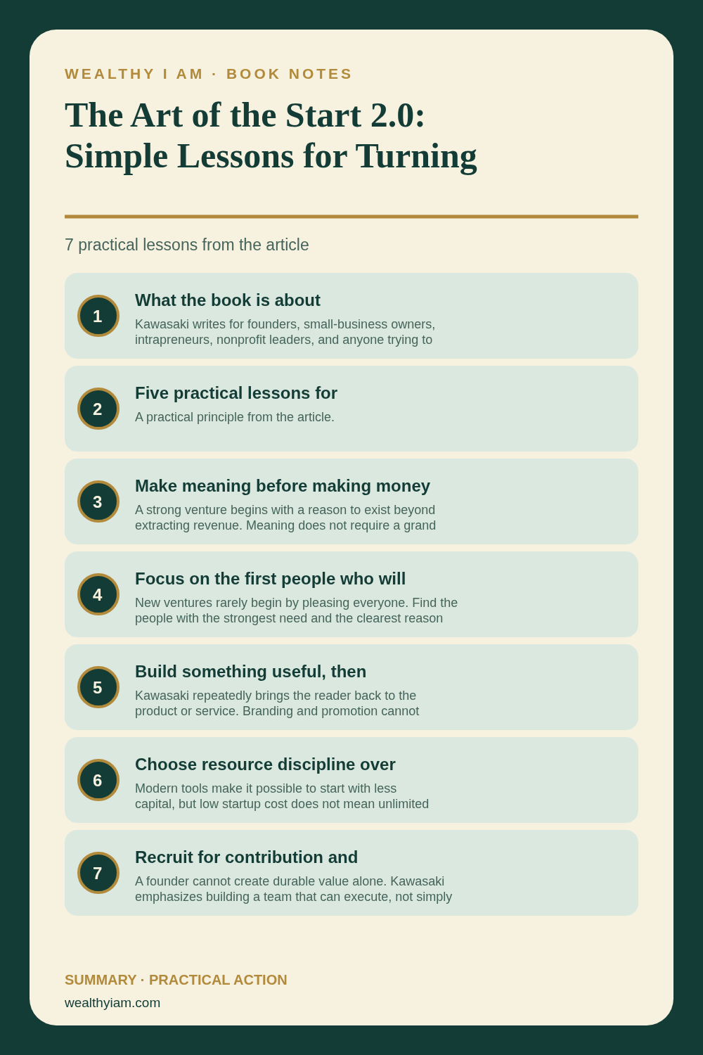 The Art of the Start 2.0: Simple Lessons for Turning Ideas into Wealth — Practical Lessons Pin Pinterest infographic summarizing The Art of the Start 2.0: Simple Lessons for Turning Ideas into Wealth with seven practical lessons
