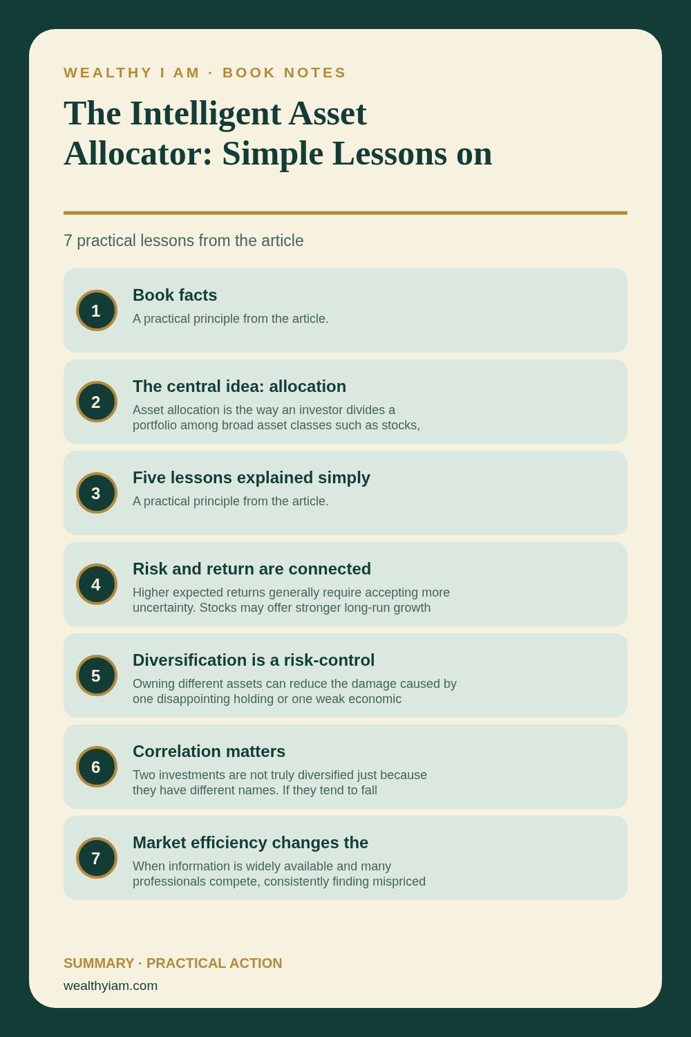 The Intelligent Asset Allocator: Simple Lessons on Diversification and Portfolio Risk — Practical Lessons Pin Pinterest infographic summarizing The Intelligent Asset Allocator: Simple Lessons on Diversification and Portfolio Risk with seven practical lessons