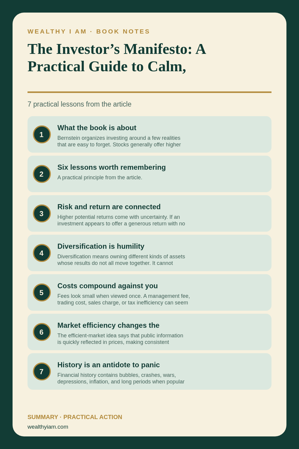 Pinterest infographic summarizing The Investor’s Manifesto: A Practical Guide to Calm, Long-Term Investing with seven practical lessons