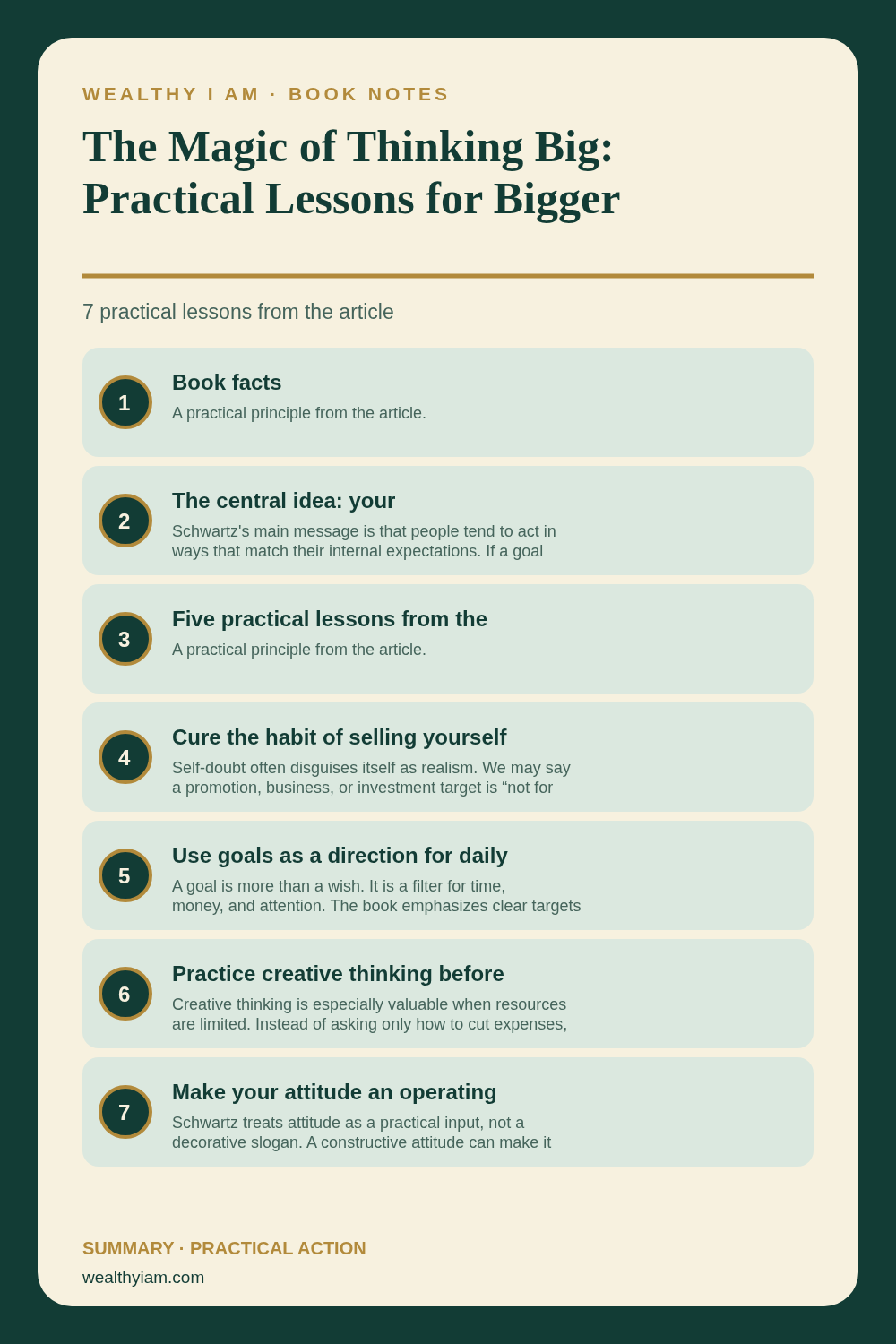 The Magic of Thinking Big: Practical Lessons for Bigger Goals and Wealth — Practical Lessons Pin Pinterest infographic summarizing The Magic of Thinking Big: Practical Lessons for Bigger Goals and Wealth with seven practical lessons