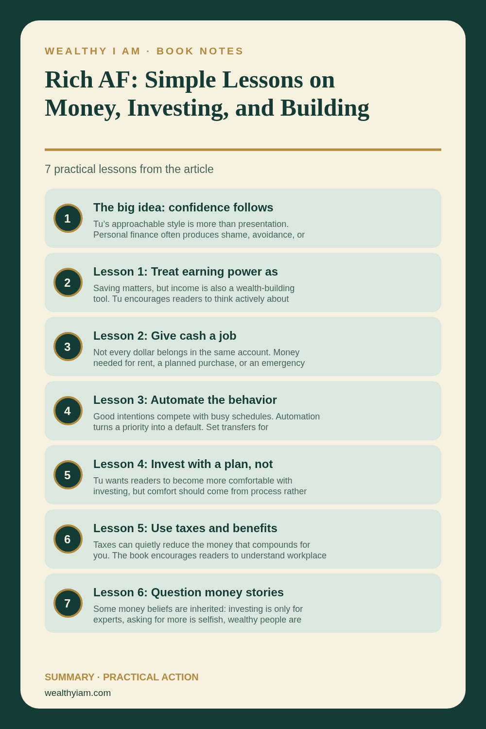 Pinterest infographic summarizing Rich AF: Simple Lessons on Money, Investing, and Building Wealth with seven practical lessons