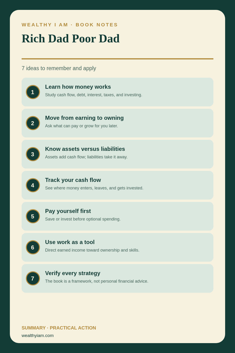 Rich Dad Poor Dad — Practical Lessons Pin Pinterest infographic summarizing Rich Dad Poor Dad: seven practical lessons and action steps