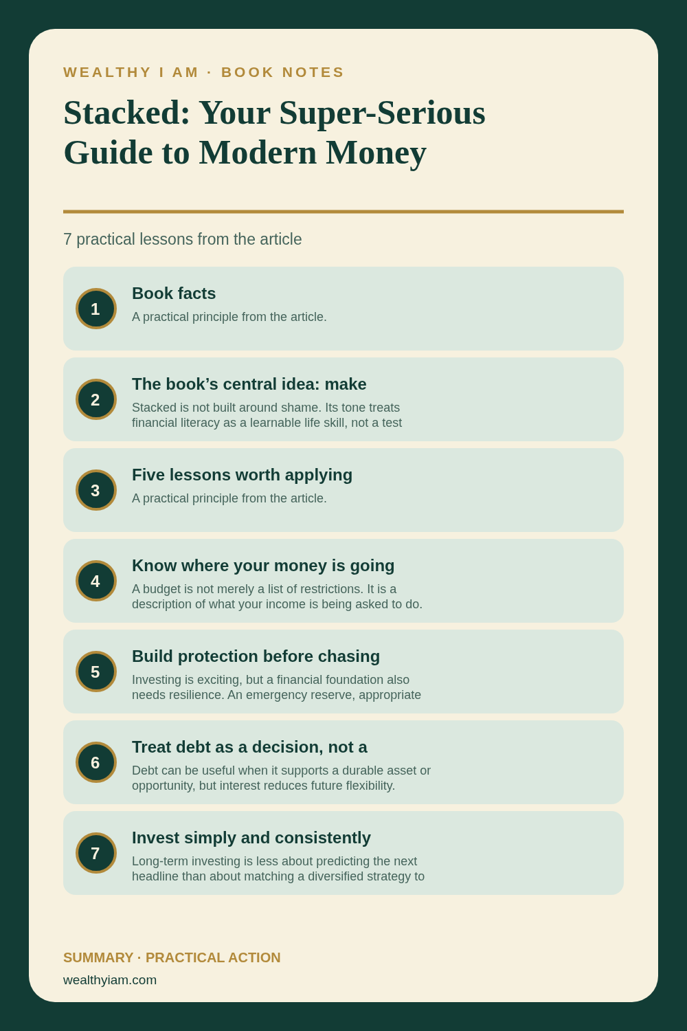 Pinterest infographic summarizing Stacked: Your Super-Serious Guide to Modern Money Management with seven practical lessons