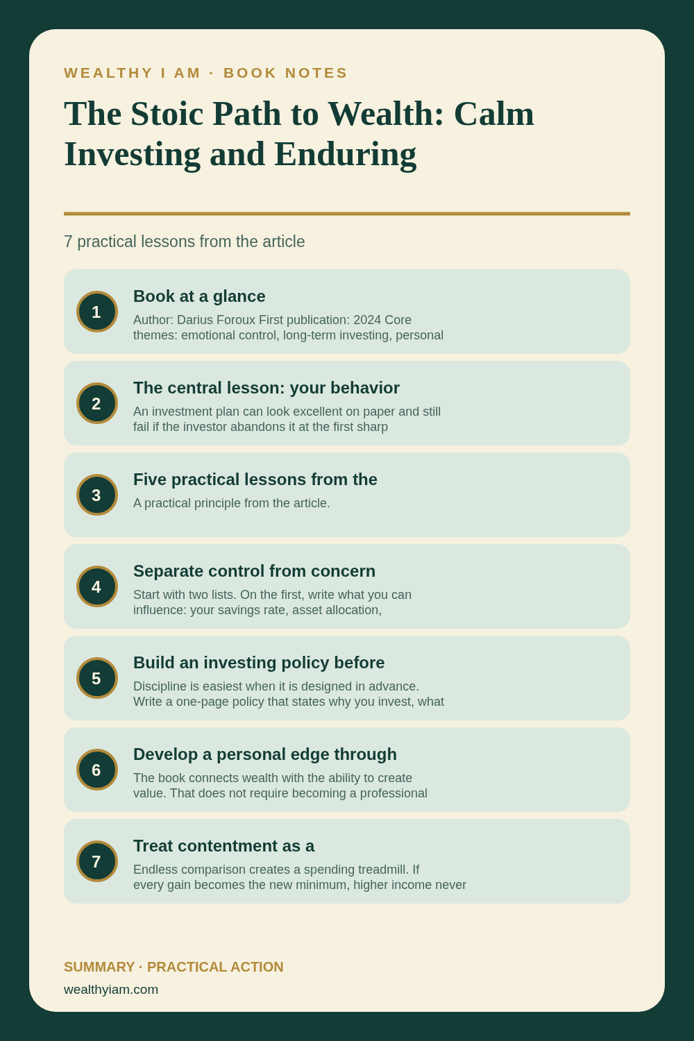 Pinterest infographic summarizing The Stoic Path to Wealth: Calm Investing and Enduring Prosperity with seven practical lessons
