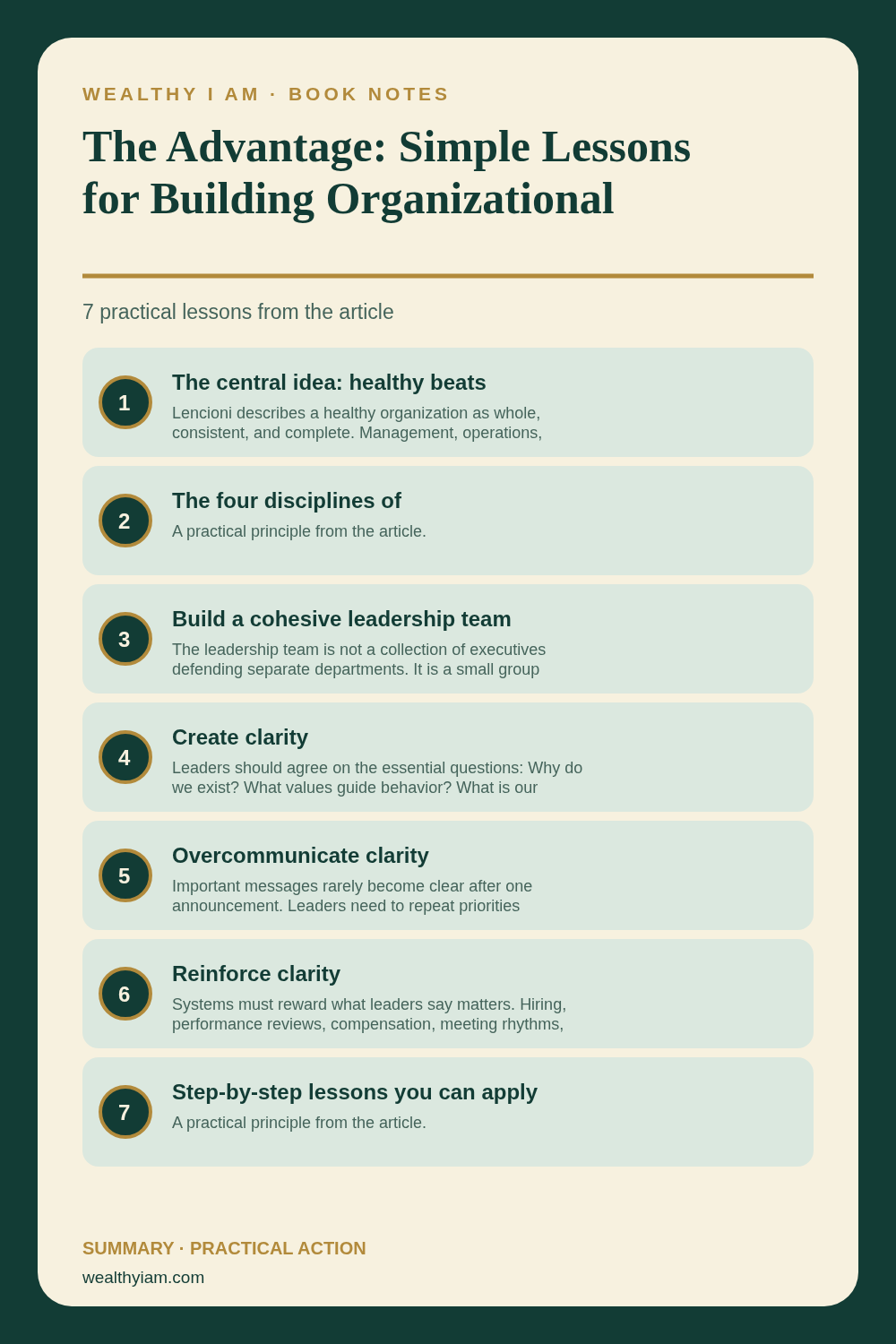 Pinterest infographic summarizing The Advantage: Simple Lessons for Building Organizational Health and Wealth with seven practical lessons