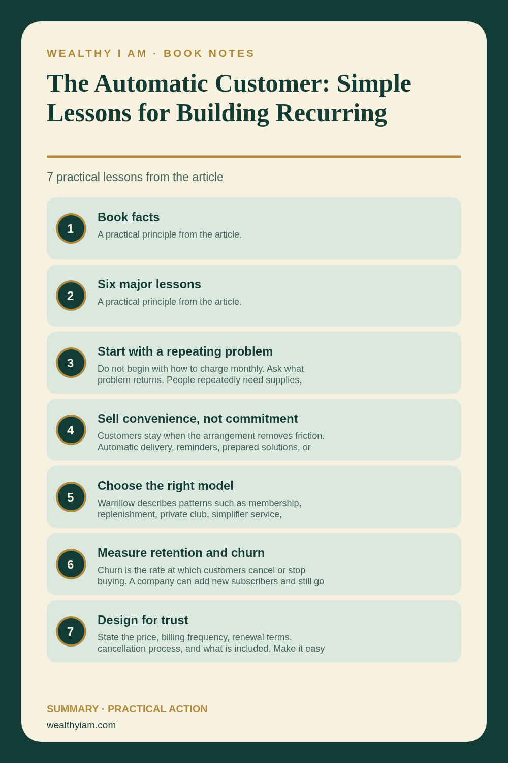 Pinterest infographic summarizing The Automatic Customer: Simple Lessons for Building Recurring Revenue with seven practical lessons