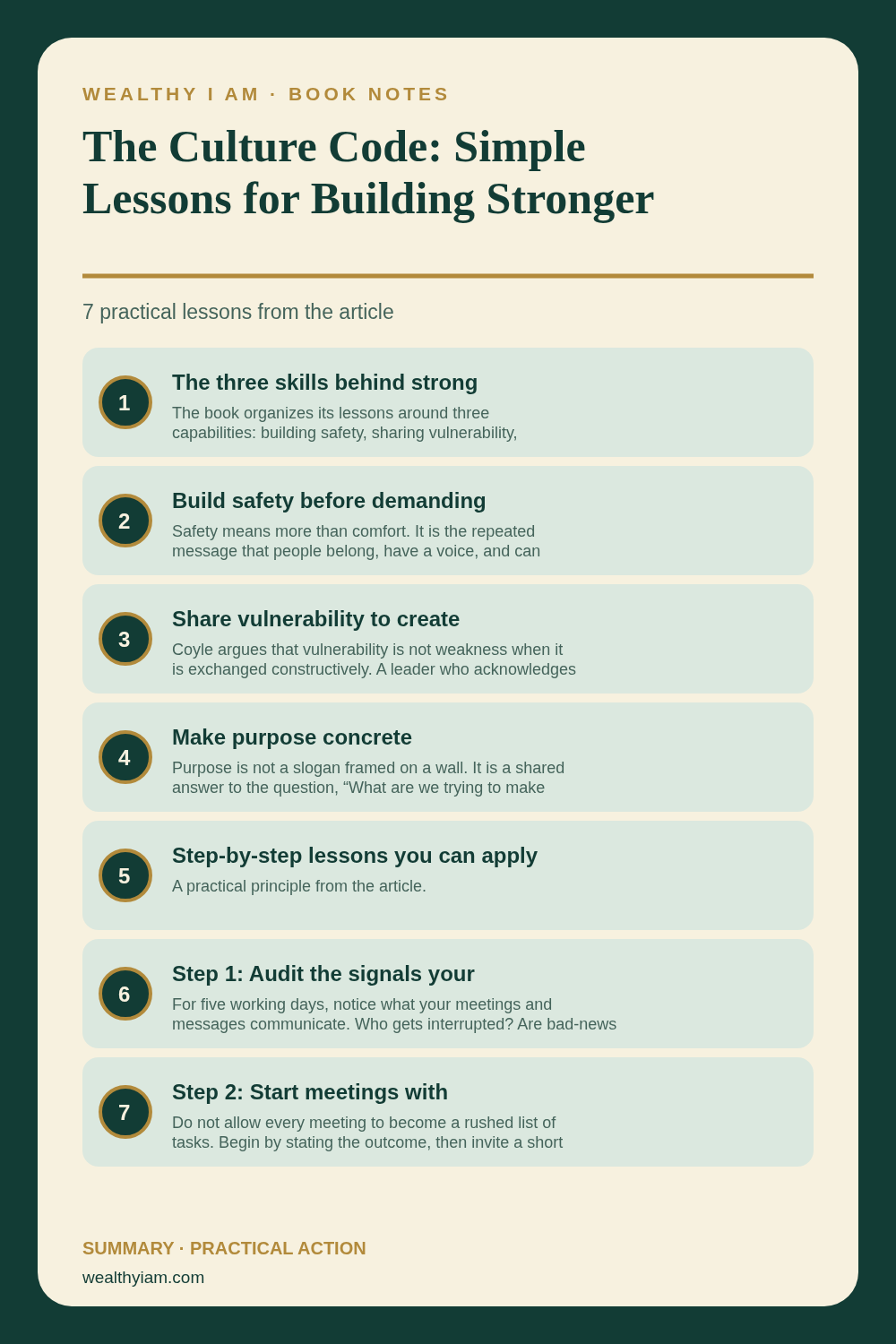 Pinterest infographic summarizing The Culture Code: Simple Lessons for Building Stronger Teams and Wealth with seven practical lessons