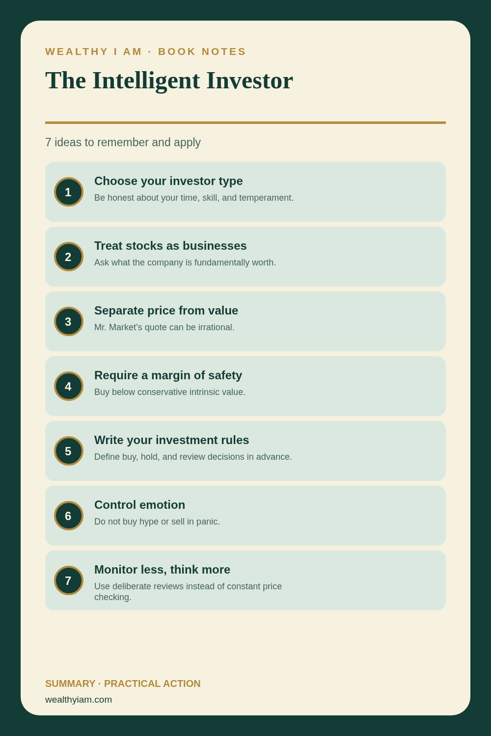 Pinterest infographic summarizing The Intelligent Investor: seven practical lessons and action steps