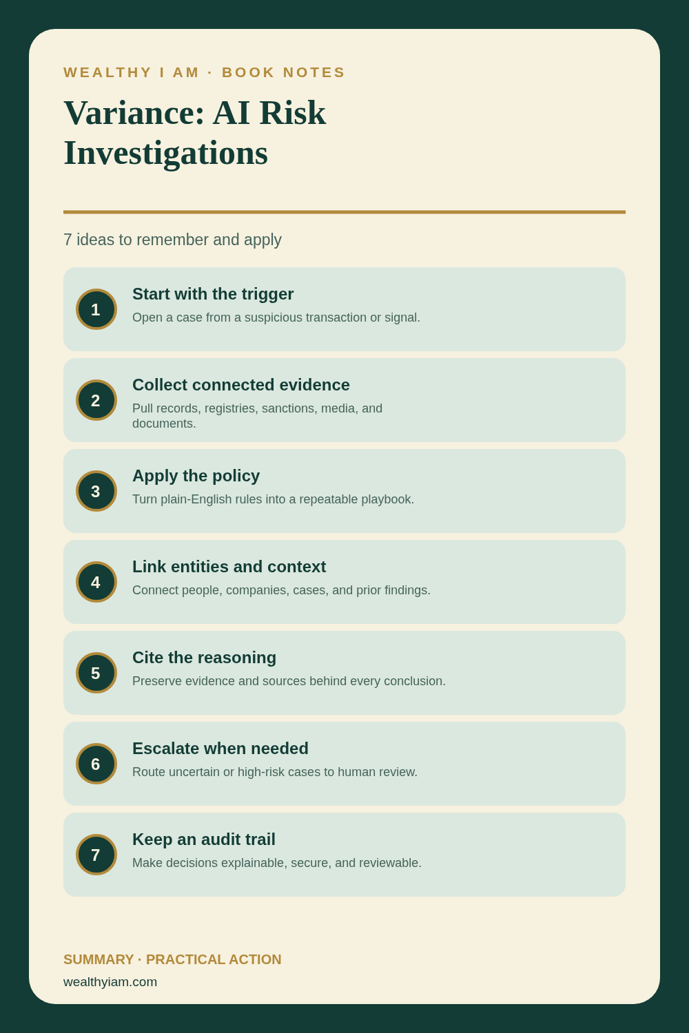 Pinterest infographic summarizing Variance: AI Risk Investigations: seven practical lessons and action steps