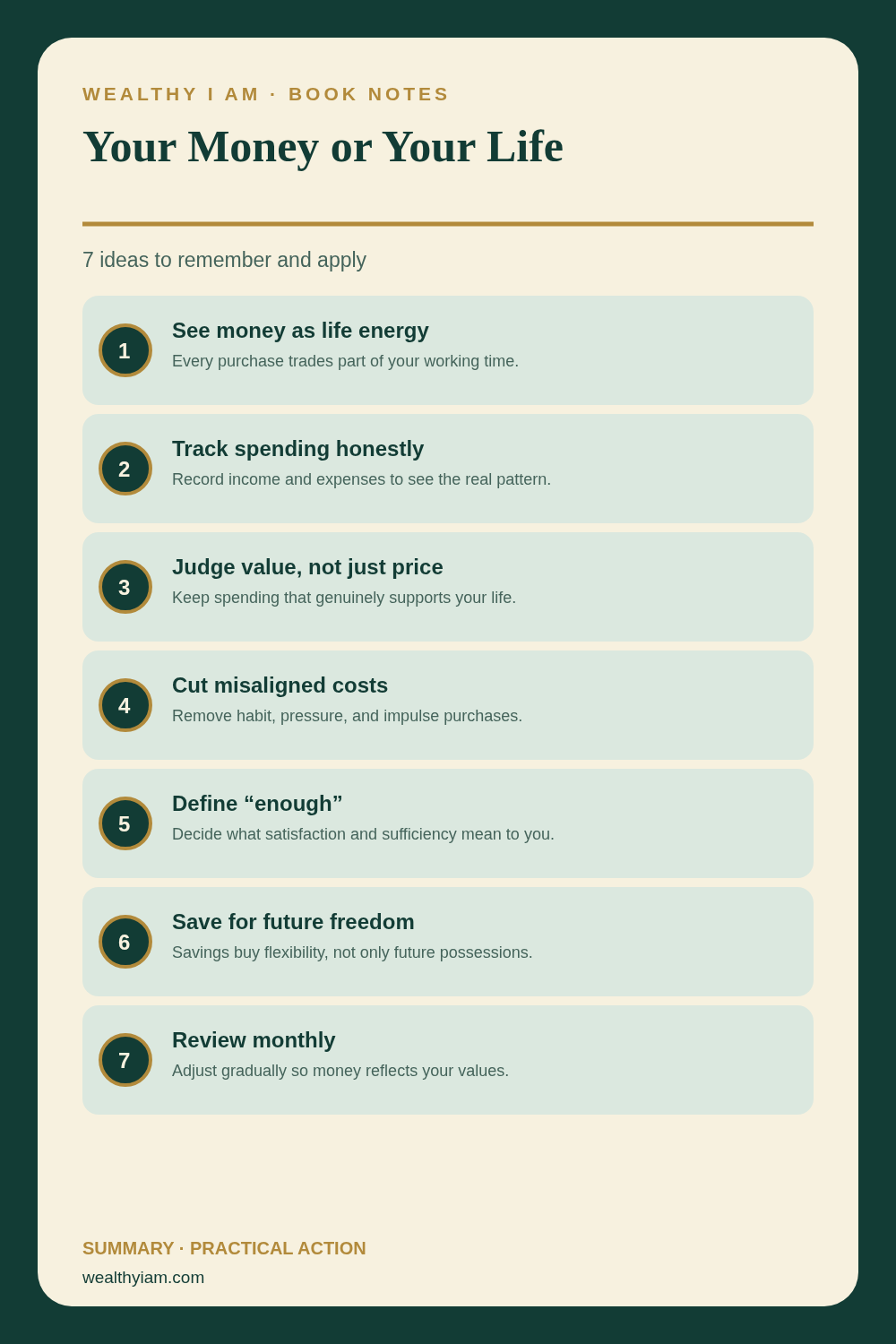 Pinterest infographic summarizing Your Money or Your Life: seven practical lessons and action steps
