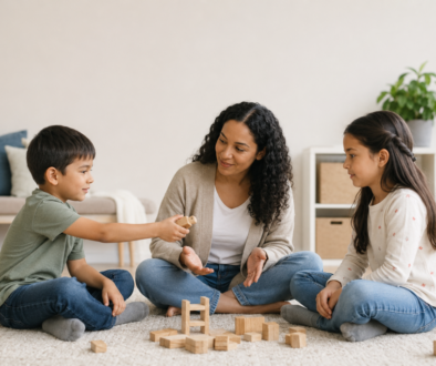 Two school-age siblings calmly reconnecting with a parent after resolving a conflict