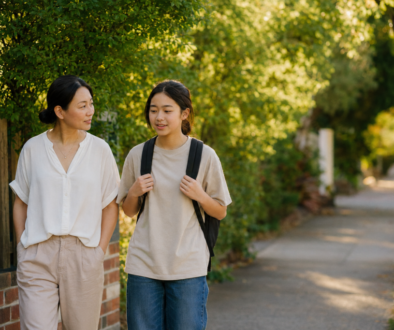 Mother and teenage daughter sharing a relaxed side-by-side conversation at home after school