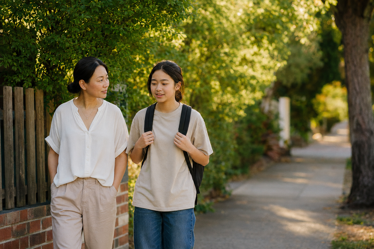 Mother and teenage daughter sharing a relaxed side-by-side conversation at home after school