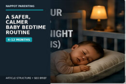 A sleeping baby rests in a clear, softly lit sleep space with the text “A Safer, Calmer Baby Bedtime Routine — 4–12 Months.”