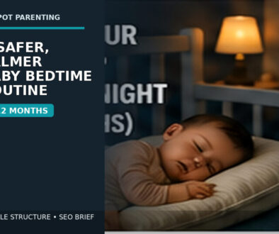 A sleeping baby rests in a clear, softly lit sleep space with the text “A Safer, Calmer Baby Bedtime Routine — 4–12 Months.”