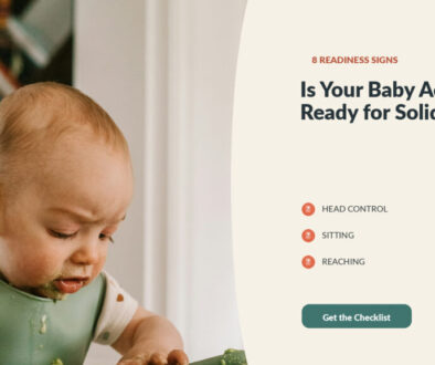 A baby wearing a green bib sits in a high chair with food on their face beside a checklist-style headline about solid-food readiness.