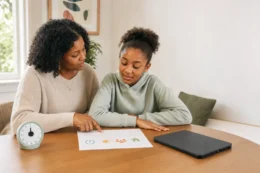 Mother and tween discussing a family technology agreement before the child receives a first phone