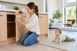 Parent checking a living room at floor level for childproofing hazards before a baby begins crawling