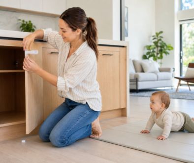 Parent checking a living room at floor level for childproofing hazards before a baby begins crawling
