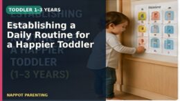 A toddler looking at a simple visual routine board at home, with a text overlay about creating a happy daily routine