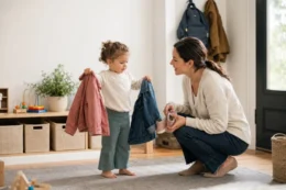 Mother calmly helping her toddler transition from playtime to leaving home