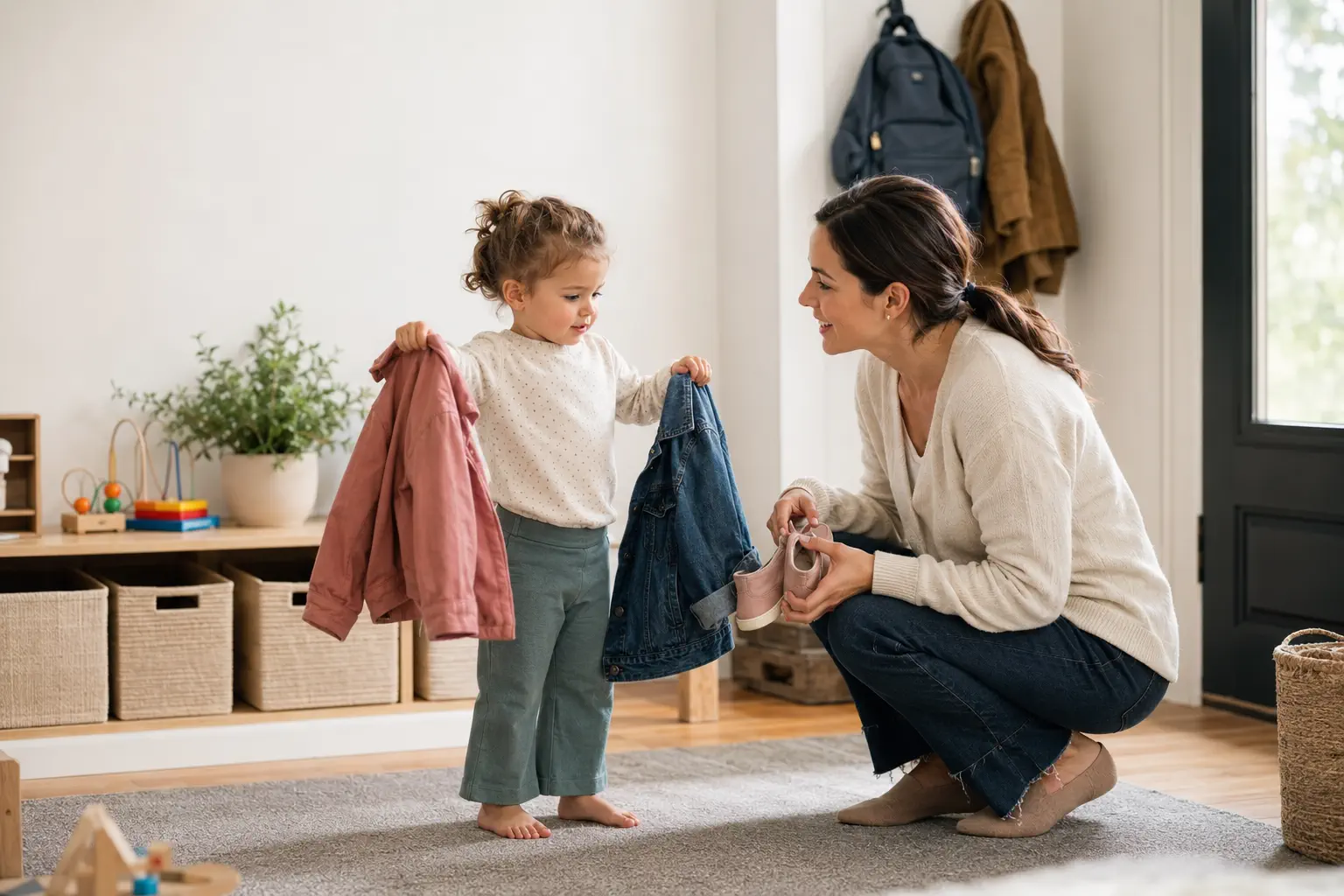 Mother calmly helping her toddler transition from playtime to leaving home