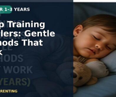 A sleeping toddler holding a soft toy in a dim, calm bedroom, with a text overlay about gentle sleep methods