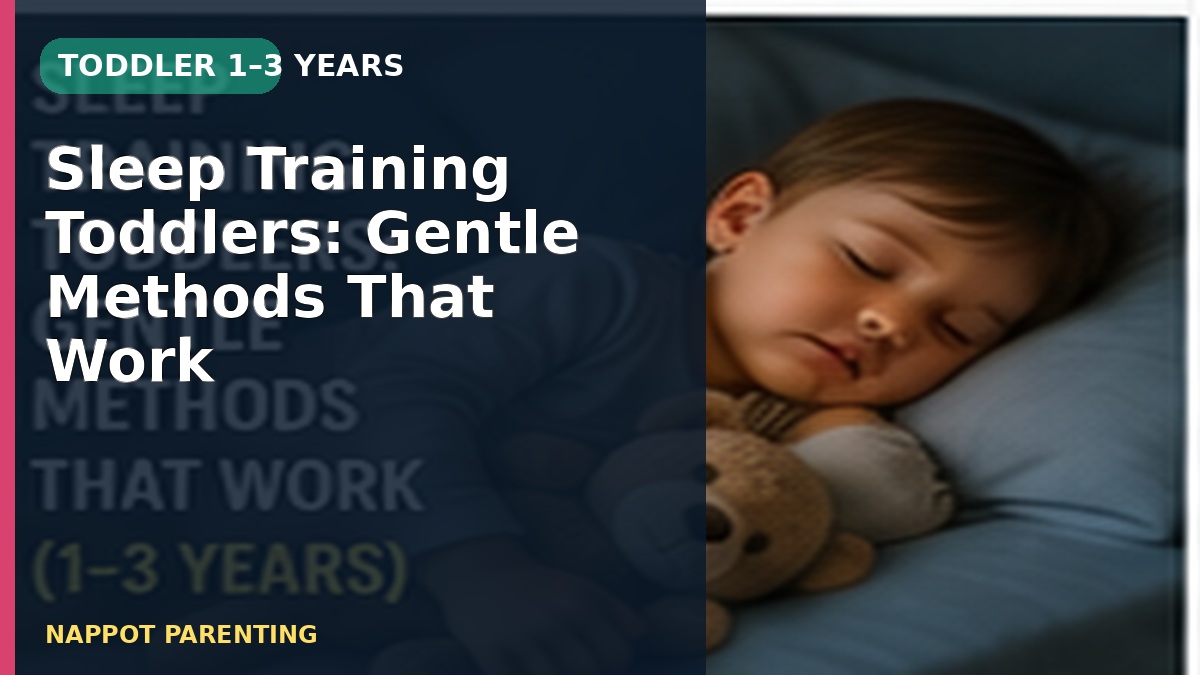 A sleeping toddler holding a soft toy in a dim, calm bedroom, with a text overlay about gentle sleep methods
