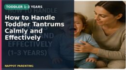 A parent staying calm beside a crying toddler during a safe tantrum at home