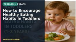 A toddler eating a colourful meal at a table, with a text overlay about encouraging healthy eating habits