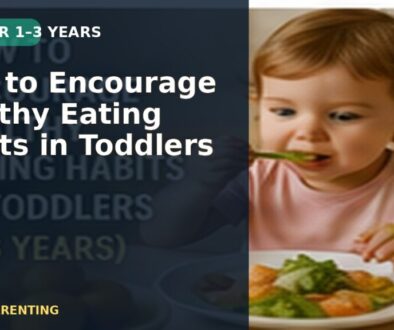 A toddler eating a colourful meal at a table, with a text overlay about encouraging healthy eating habits