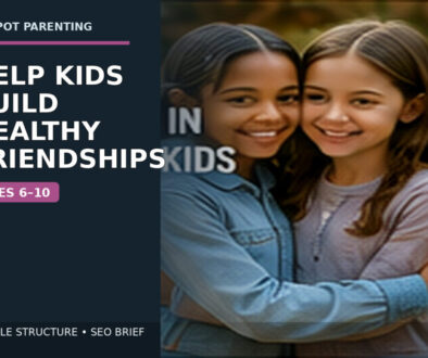 Two school-age children smile together outdoors while an adult watches from a respectful distance; the text reads “Help Kids Build Healthy Friendships — Ages 6–10.”