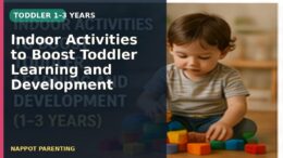 A toddler playing with colourful blocks indoors, with a text overlay about learning and development activities