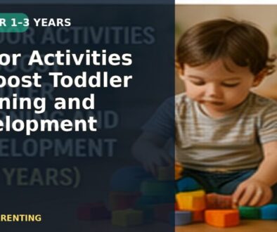 A toddler playing with colourful blocks indoors, with a text overlay about learning and development activities