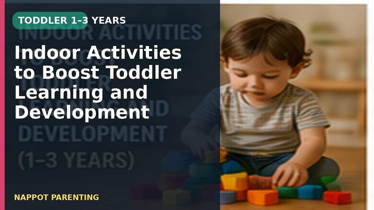 A toddler playing with colourful blocks indoors, with a text overlay about learning and development activities