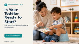 A parent calmly looking at a picture book with a toddler seated on a training potty in a bright family room.
