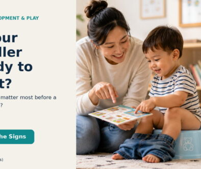 A parent calmly looking at a picture book with a toddler seated on a training potty in a bright family room.