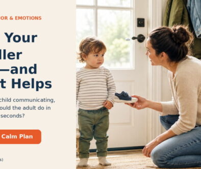 A parent kneeling near a reluctant toddler at the front door and offering calm help before a transition.