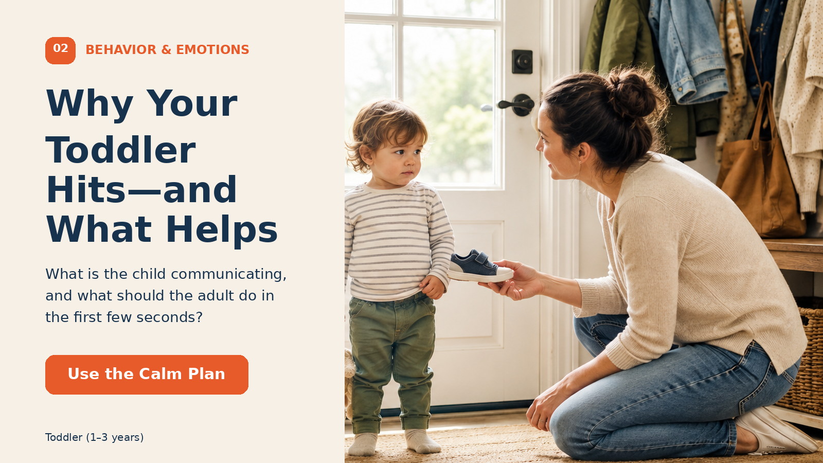 A parent kneeling near a reluctant toddler at the front door and offering calm help before a transition.