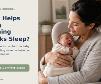 A parent cradling a yawning young baby in a softly lit room during a quiet night routine.