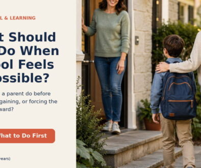 A concerned young child with a backpack receiving calm reassurance from a caregiver near a school entrance.
