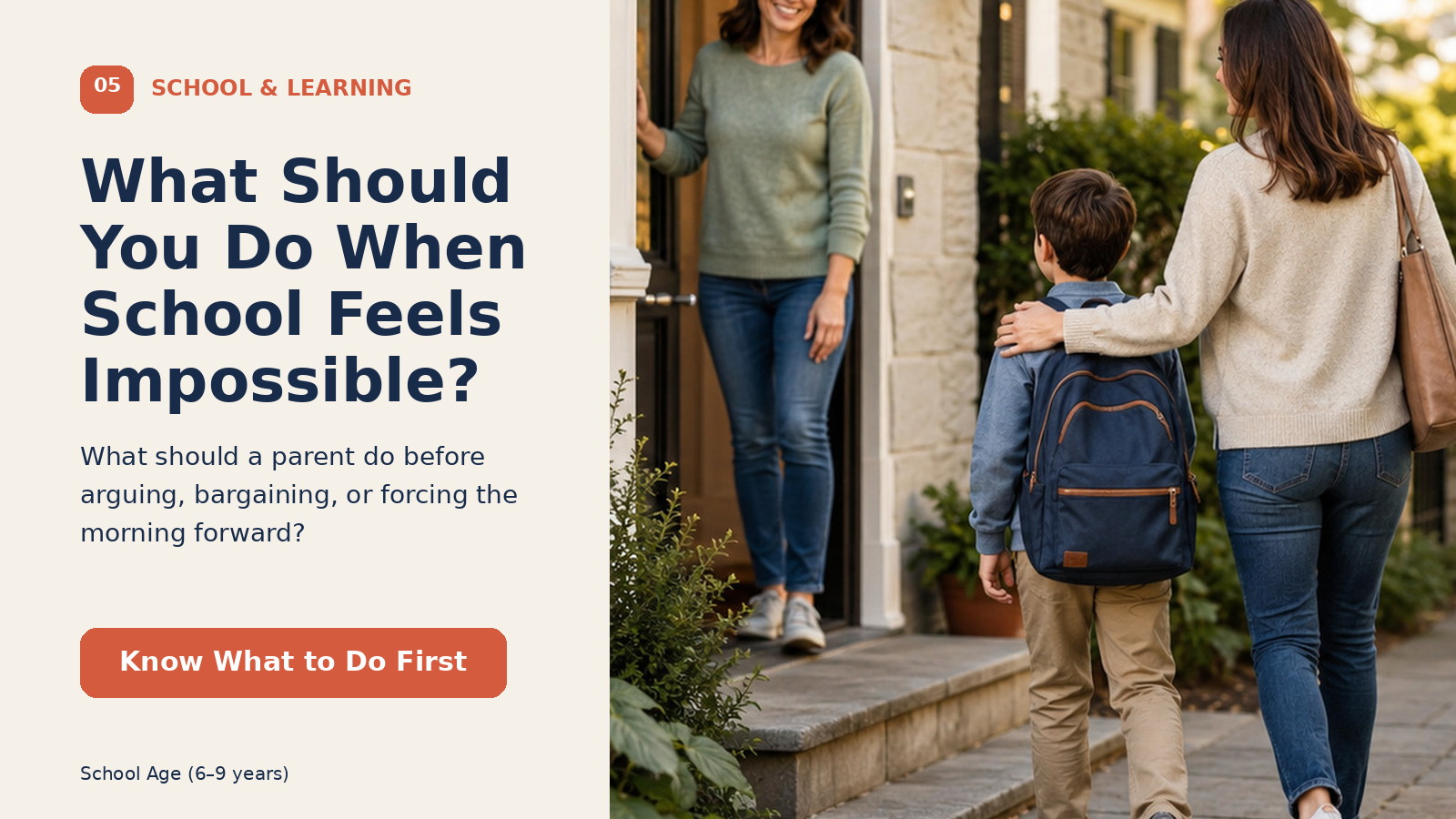 A concerned young child with a backpack receiving calm reassurance from a caregiver near a school entrance.
