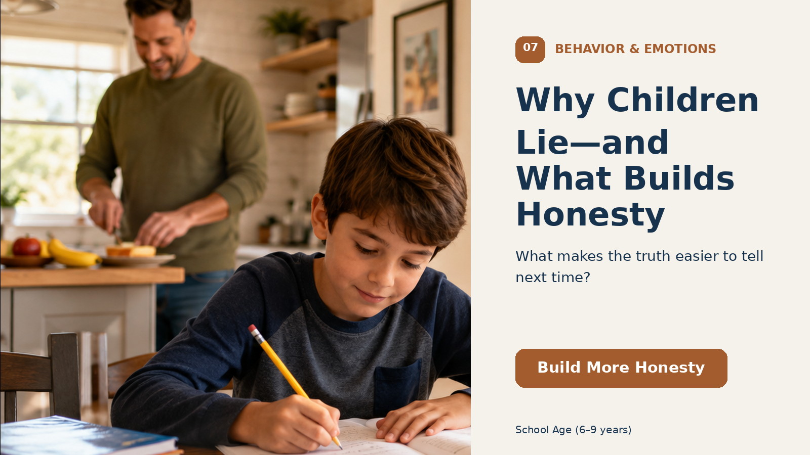 A school-age child working at a table while a parent stays nearby and offers calm support.