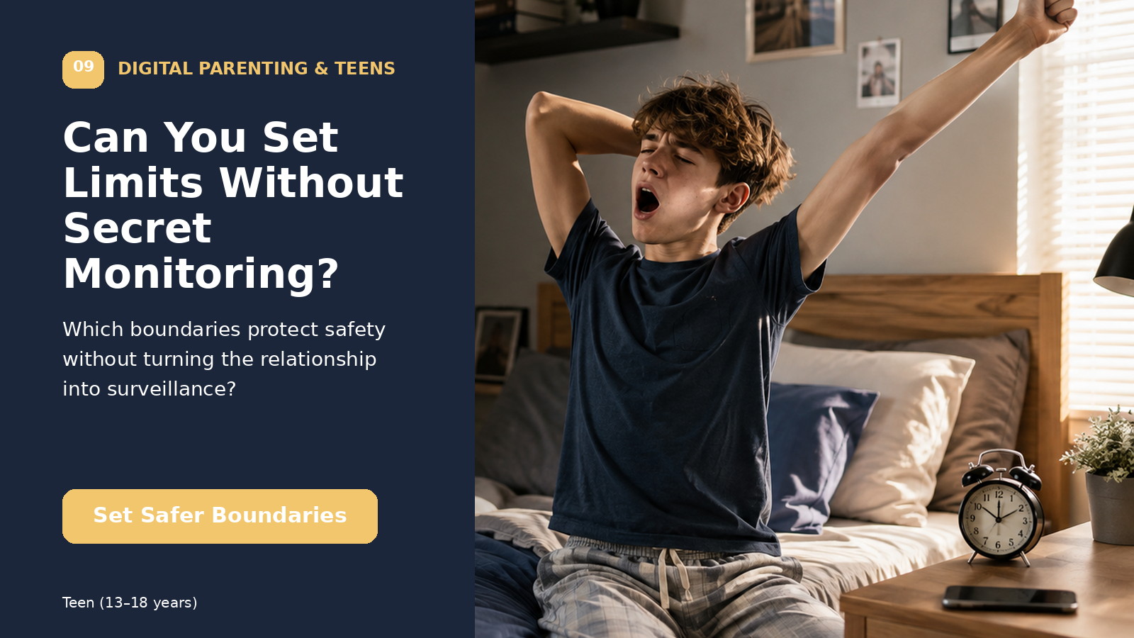 A teenager sitting in a bedroom near a phone while morning light enters through the window.