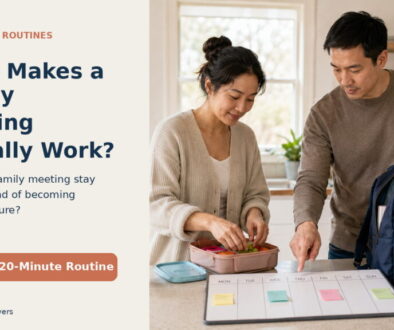 Two caregivers planning family tasks together at a kitchen counter with a weekly board and school bag.